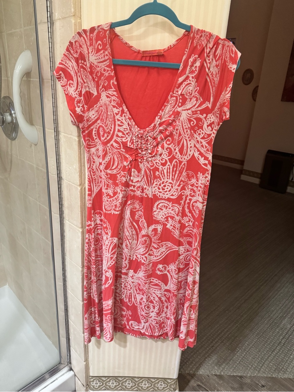 fresh produce Coral and White Paisley V-Neck Dress